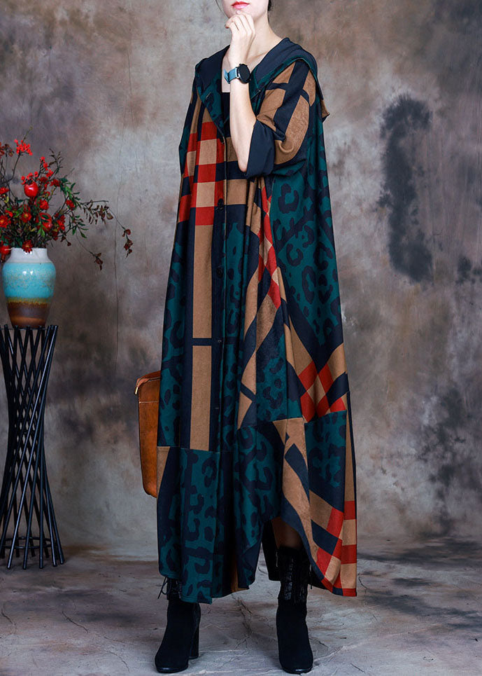 Green Hooded Plaid Leopard Patchwork Cotton Trench Coat Long Sleeve
