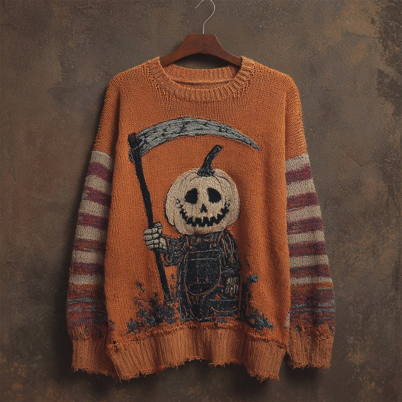 Halloween Pumpkin Ghoul Embroidered Striped Cozy Knitted Sweater artswardrobe
