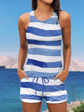 Sea ​​blue Stripes Print Halter Ruffle Ruched Jacquard Tankini Short Set