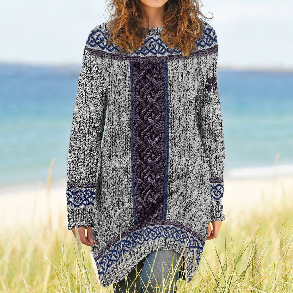 Women's Irish Celtic Knotted Shamrock Contrast Jacquard Sweater Dress elevenforest