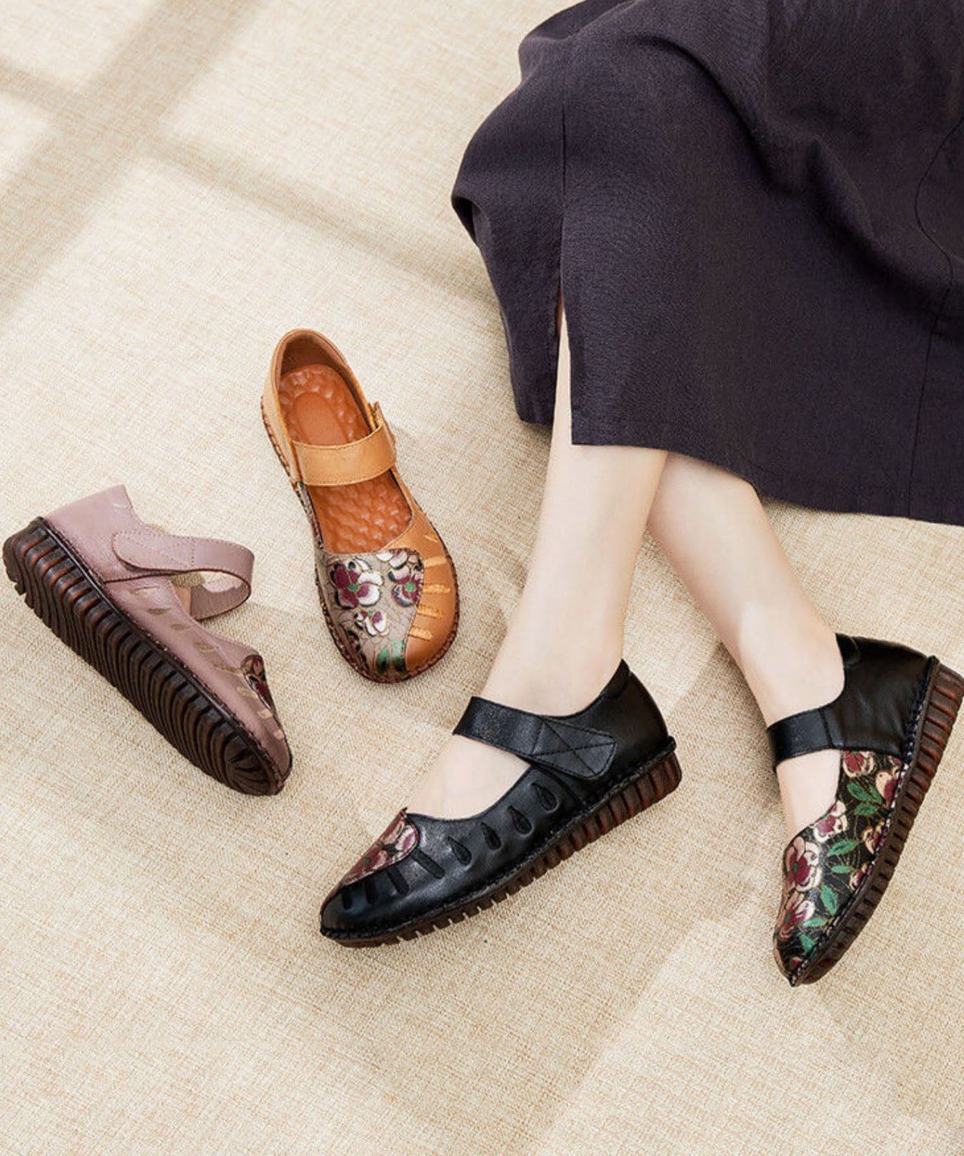 Buckle Strap Flats Light Purple Splicing Cowhide Leather