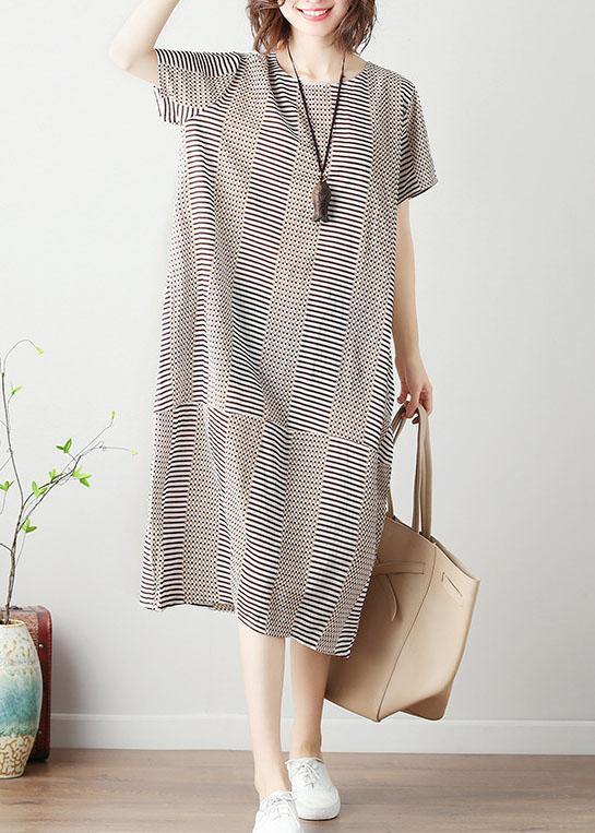 Light Khaki Striped Cotton Tunics for O Neck Patchwork Cotton Summer Dress