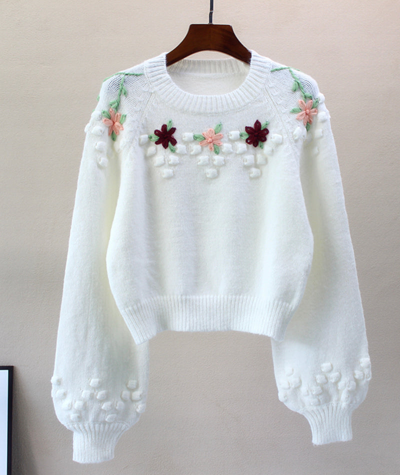 Sweet White Flowers Long Sleeve Sweater 081