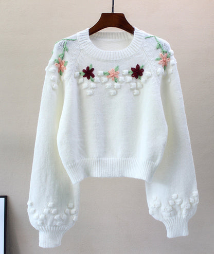 Sweet White Flowers Long Sleeve Sweater 081