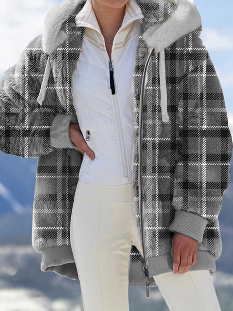 Coats Check Print Plush Zip Hoodie Coat