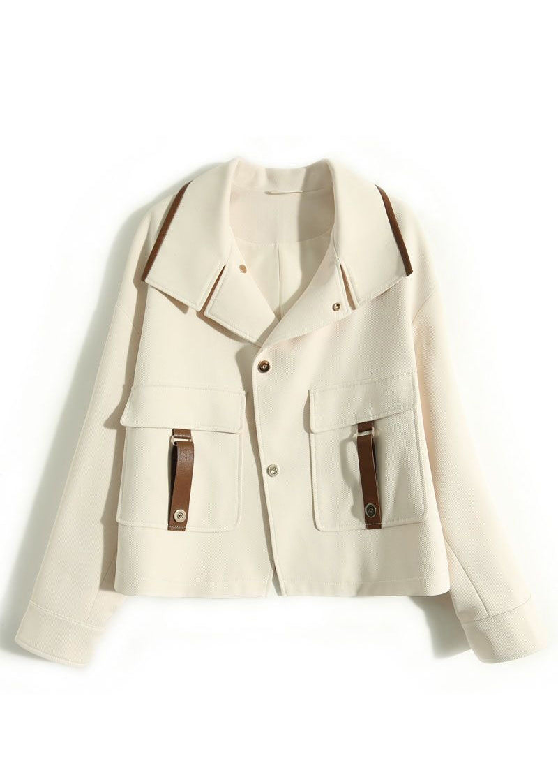 White Peter Pan Collar Patchwork Pockets Cotton Coats Fall