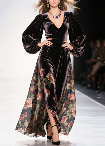 Chocolate Exra Large Hem Patchwork Print Silk Velvet Dress Spring