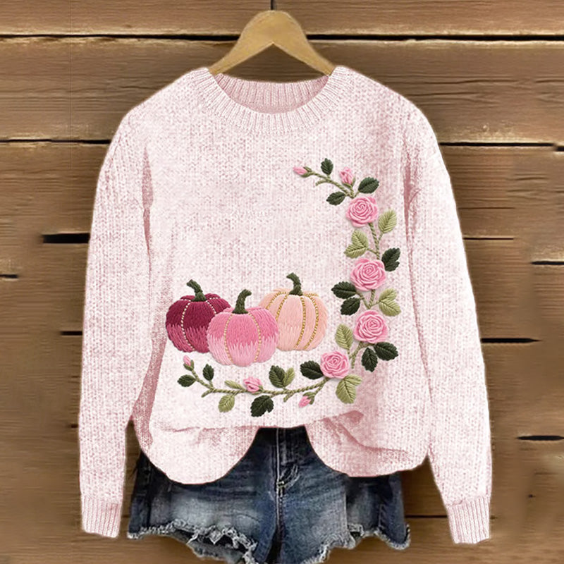 Women's Pink Pumpkin & Rose Embroidered Knit Print Sweater elevenforest