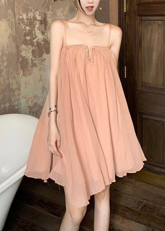 Pink Wrinkled Tulle Spaghetti Strap Dress Summer