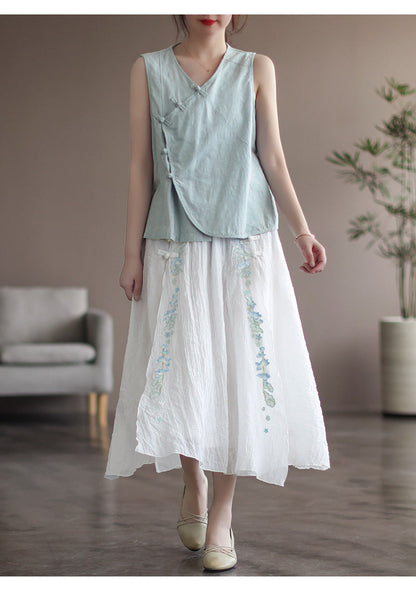 Double Cotton Linen Embroidered Buckle A-line Skirt