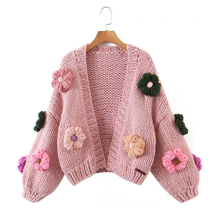 Three Dimensional Flower Thick Stick Needle Knitted Cardigan 7374