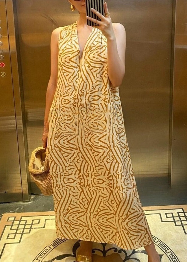 Yellow V Neck Print Cotton Vacation Dress Sleeveless