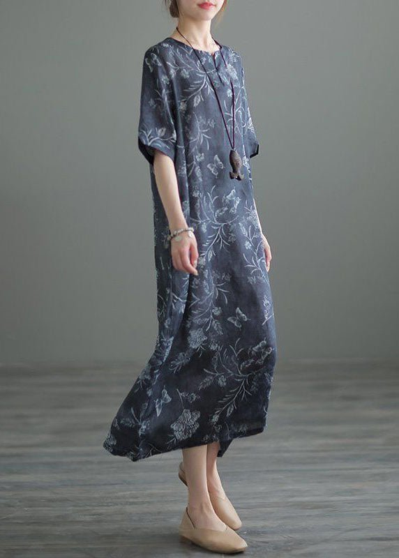 Navy O Neck Print Pockets Patchwork Linen Long Dresses Summer