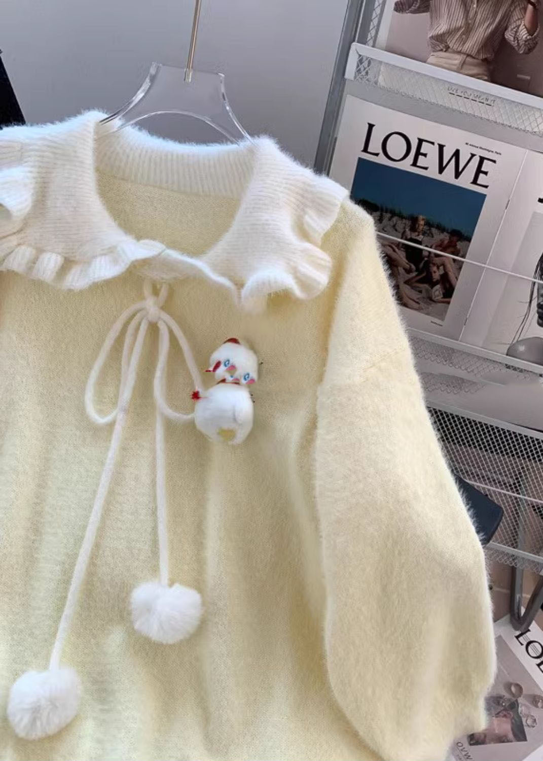Light Yellow Ruffled Warm Knit Sweater Tops Winter