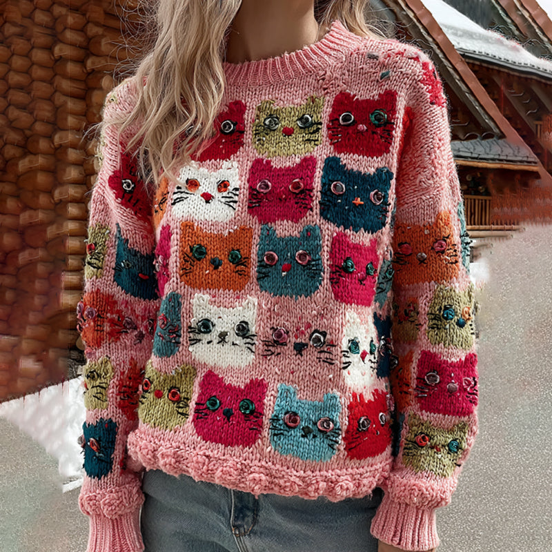 Colorful Winter Cats Pattern Art Cozy Knit Sweater elevenforest