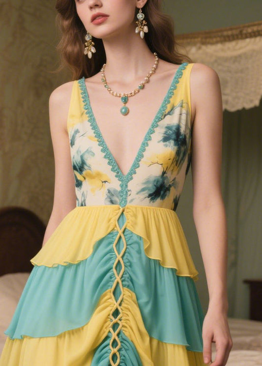 Patchwork Chiffon Vestidos Dresses V Neck Cross Strap Summer