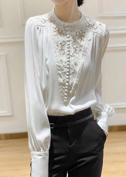 White O-neck Embroidered Silk Shirt Long Sleeve
