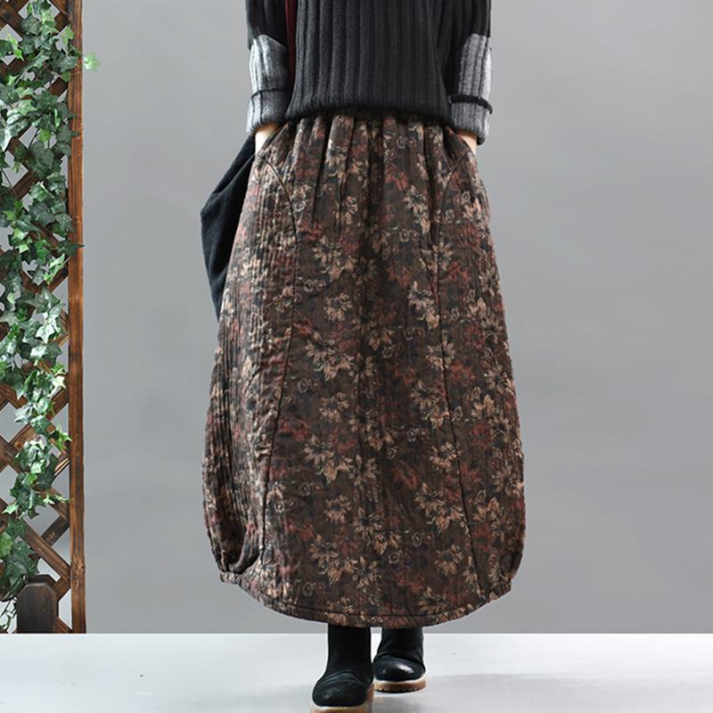 Retro Cotton Linen Quilted Thick Print Skirt