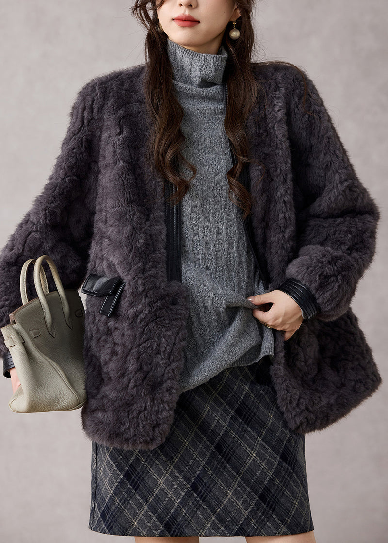 Dark Grey V Neck Patchwork Faux Fur Coats Winter