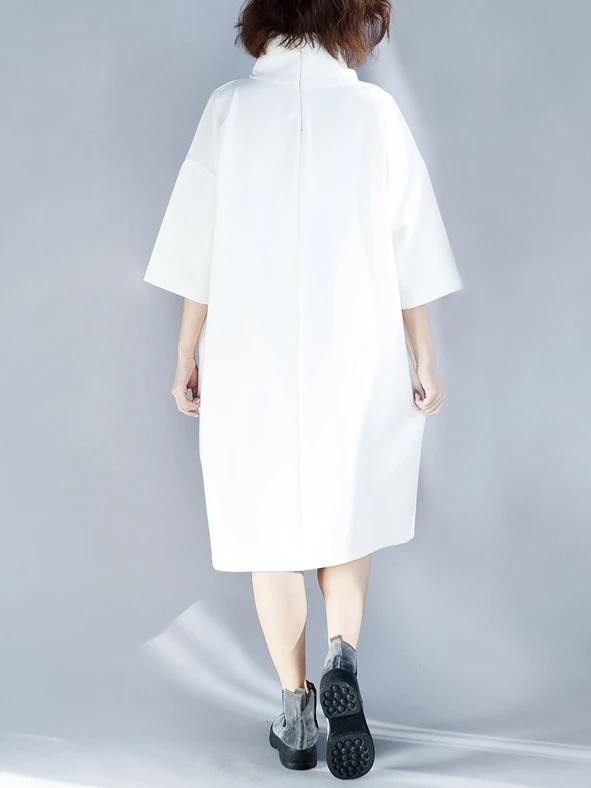 Simple White Cotton Tunic Dress High Neck Half Sleeve Oversized Dress