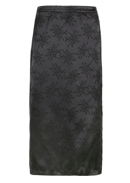 French Black Jacquard Side Open Patchwork Silk Skirts Summer