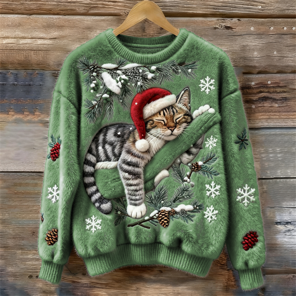 Christmas Lazy Cat Art Women's Cozy Plush Sweater artswardrobe