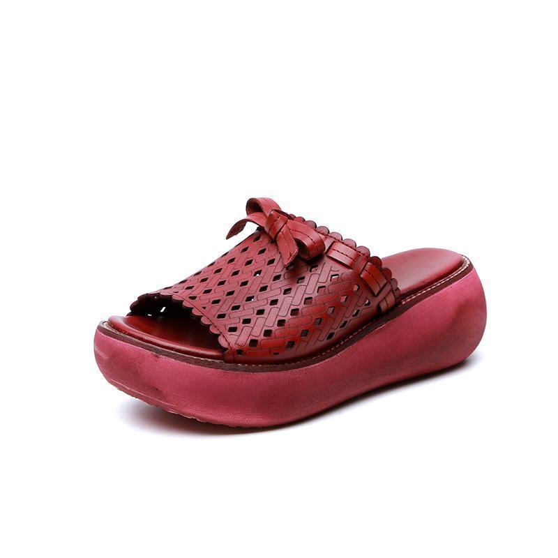 Leather Hollow Out Wedge Slippers