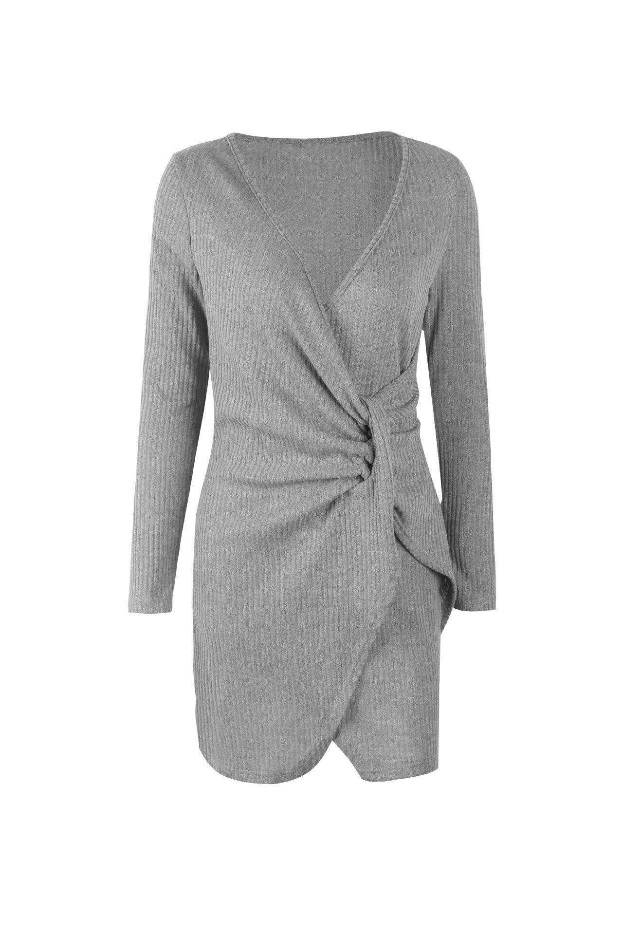 Color V Neck Wrap Sweater Dress