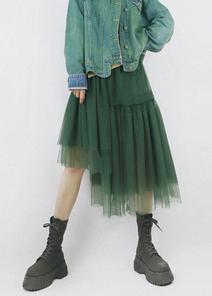 Green High Waist Asymmetrical Patchwork Tulle Pleated Skirt Summer