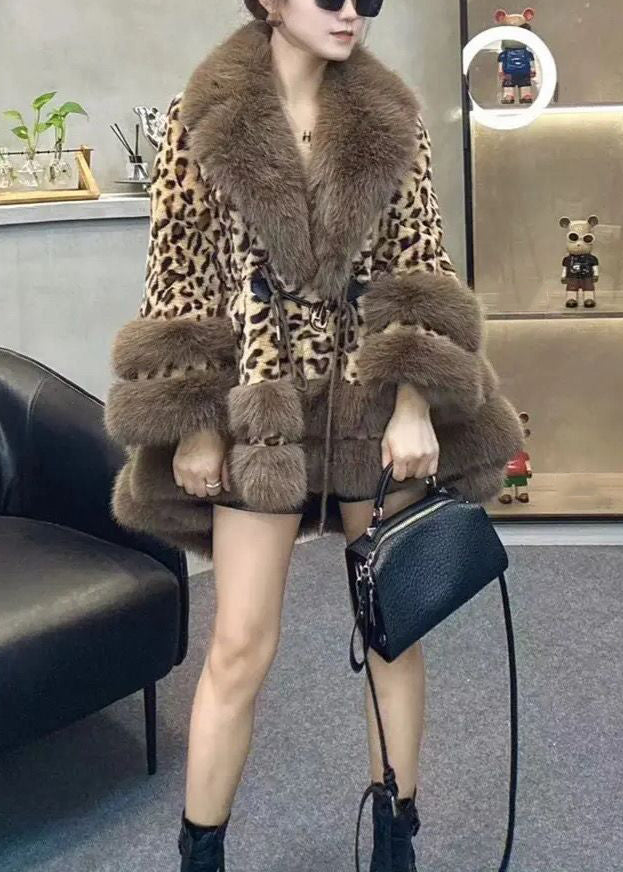 Leopard Peter Pan Collar Drawstring Patchwork Fuzzy Fur Fluffy Coats Winter