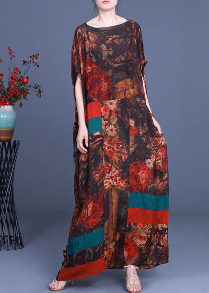 Orange Print Patchwork Asymmetrical Design Fall Maxi Dresses