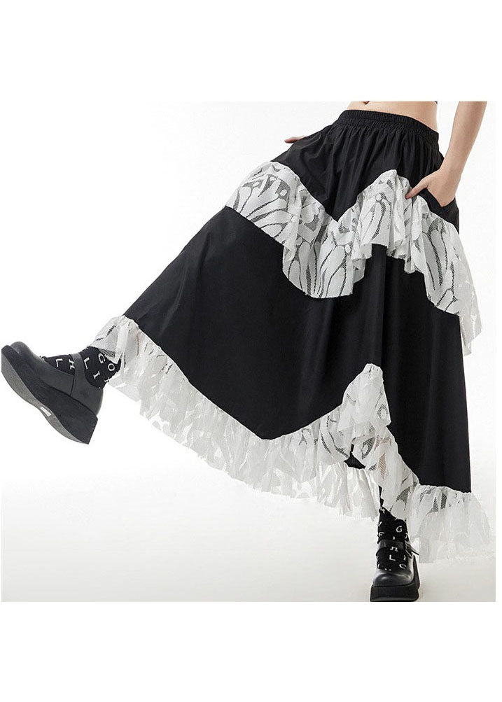 Black Elastic Waist Lace Patchwork Skirts Spring