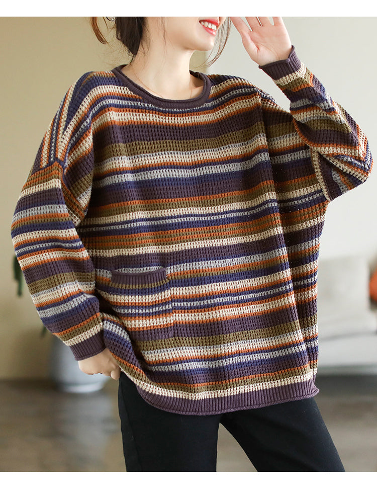 Colorful Red Striped Cotton Knitted Sweater