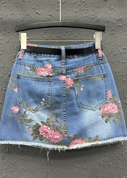 Blue Print High Waist Sashes Skirt Summer