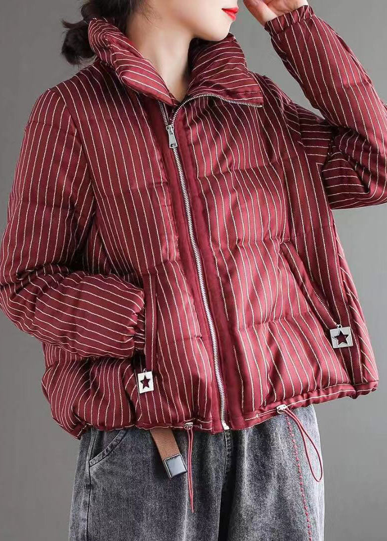 Red Striped Stand Collar Zippered Winter Chiffon Puffers Jackets