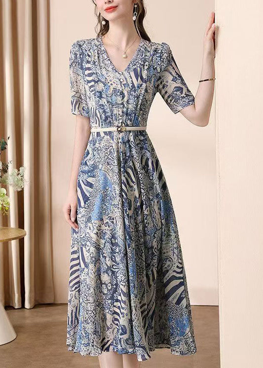 V Neck Print Wrinkled Chiffon Dress Summer