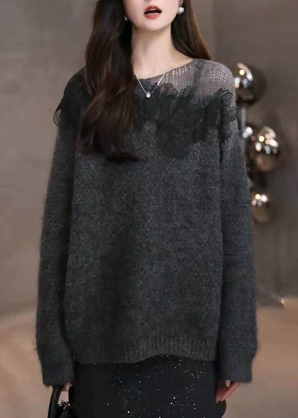 White Oversized Patchwork Knitted Tops Fall