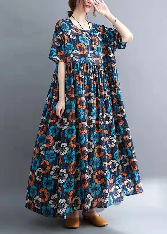 Blue O-neck Print Summer Party Dress Half Sleeve