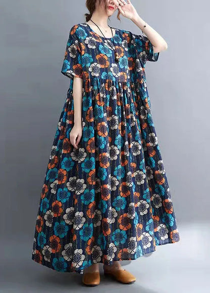 Blue O-neck Print Summer Party Dress Half Sleeve