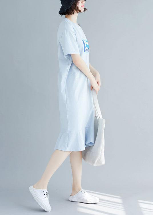 100% Blue Prints O Neck Cotton Dress Ruffles Hem Robe Summer Dresses