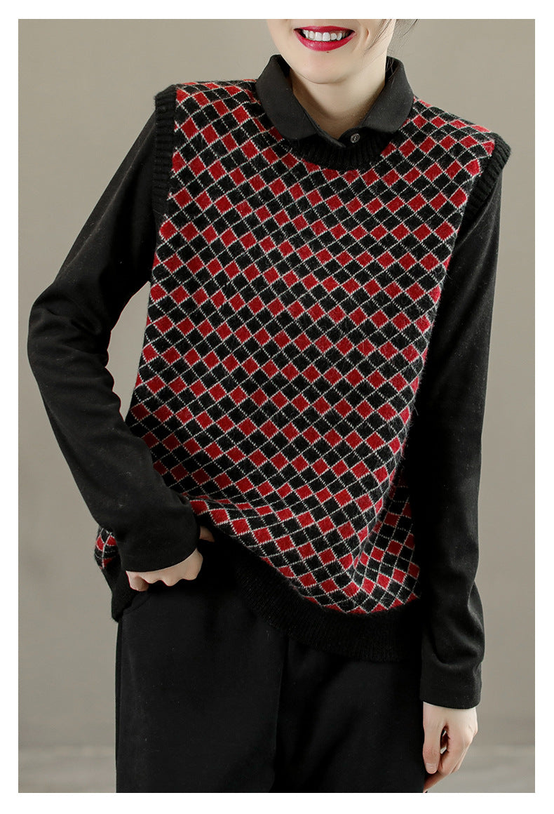 Plaid Round Neck Warm Knitted Sweater Vest