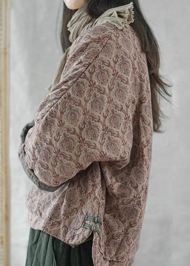 Khaki O Neck Print Chinese Button Fine Cotton Filled Top Winter