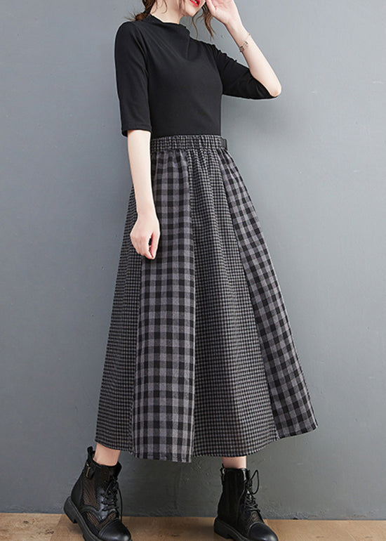 Simple Black Plaid Elastic Waist Patchwork a Line Skirt Spring