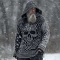 Men's Viking Tribal Jacquard Celtic With Rose And Skull Face Inspired Chunky Knit Hooded Sweater artswardrobe