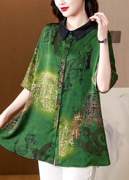 French Green Peter Pan Collar Print Silk Shirts Summer