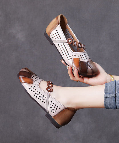 Splicing Flat Shoes Brown Hollow Out Cowhide Leather
