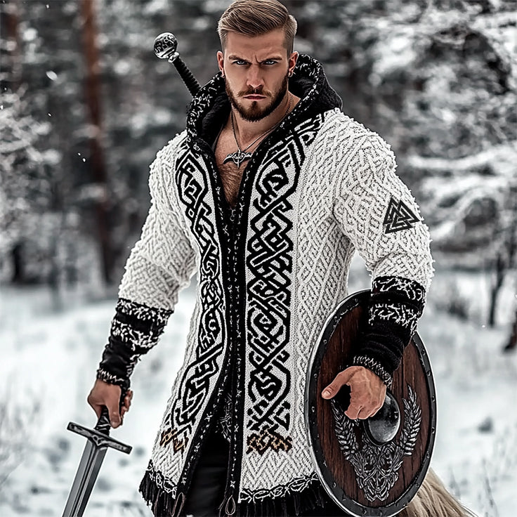 Men's Viking Tribal Jacquard Celtic Style Knitted Hooded Sweater artswardrobe