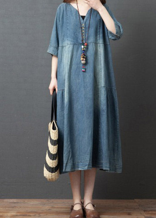 Denim Blue V Neck Patchwork Dresses Half Sleeve