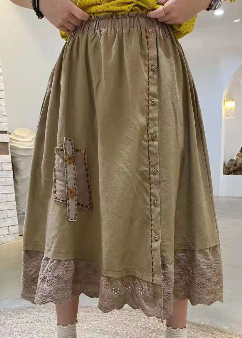 Yellow Embroideried Hollow Out Cotton Skirt Spring