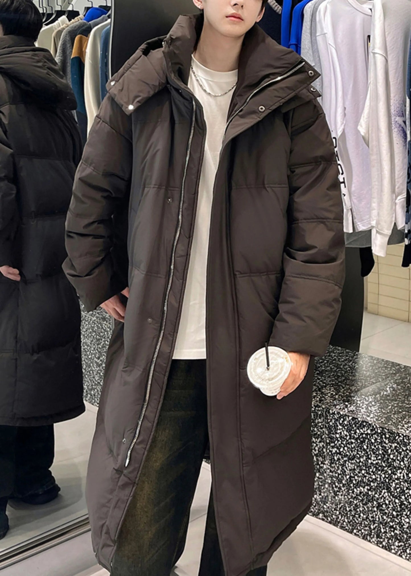 Loose Coffee Hooded Zippered Duck Down Down Long Coats Winter